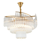Lustre moderne à plusieurs niveaux, rond, en cristal doré et à hauteur réglable