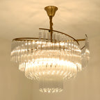 Lustre moderne à plusieurs niveaux, rond, en cristal doré et à hauteur réglable