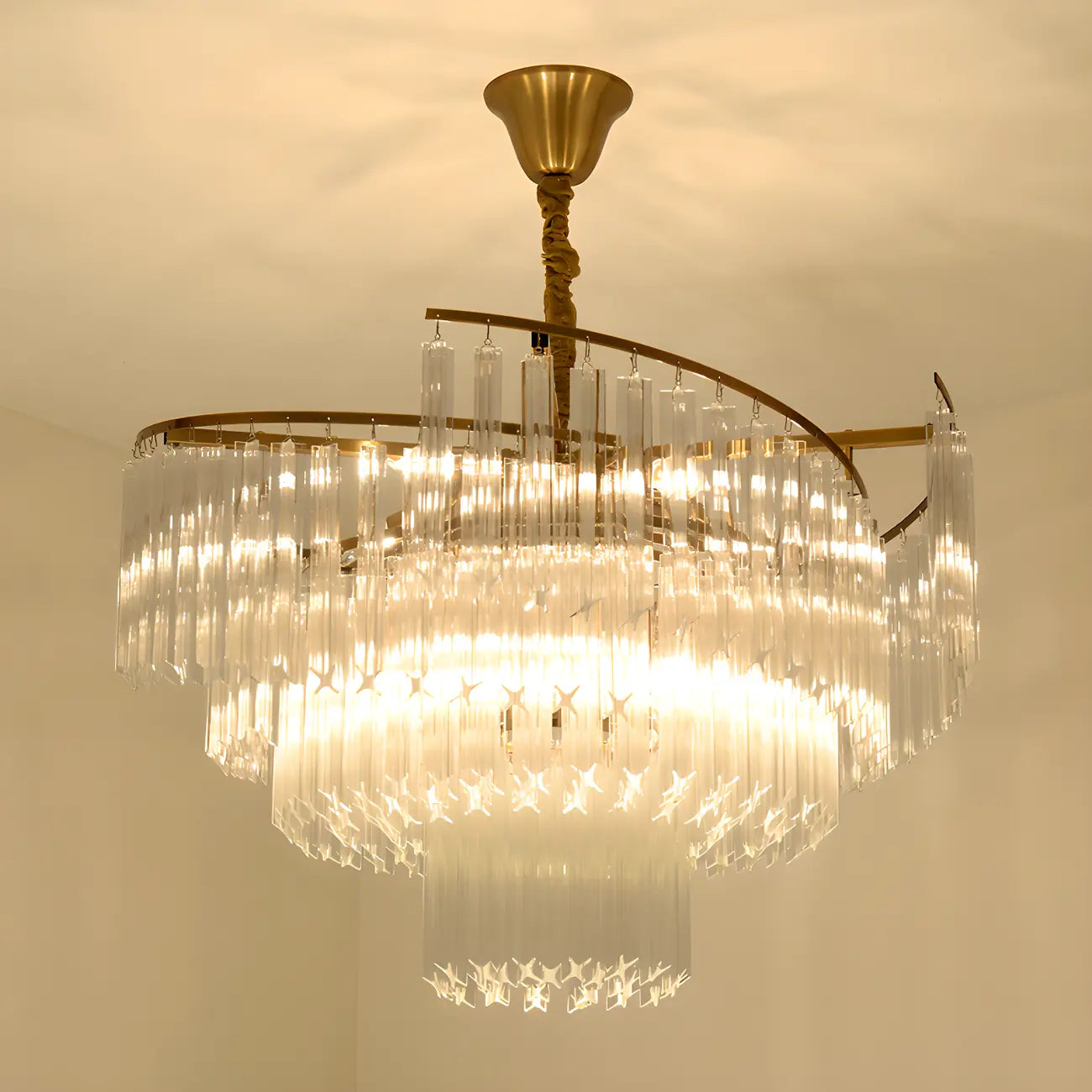 Lustre moderne à plusieurs niveaux, rond, en cristal doré et à hauteur réglable