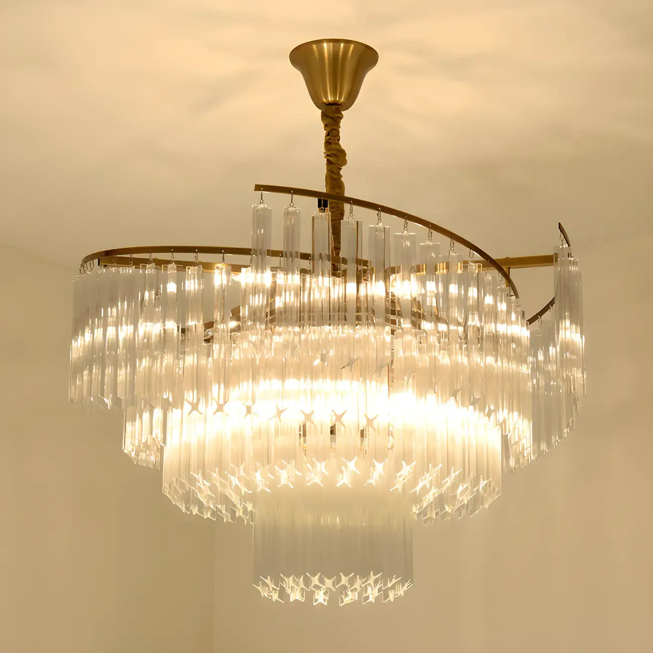 Lustre moderne à plusieurs niveaux, rond, en cristal doré et à hauteur réglable