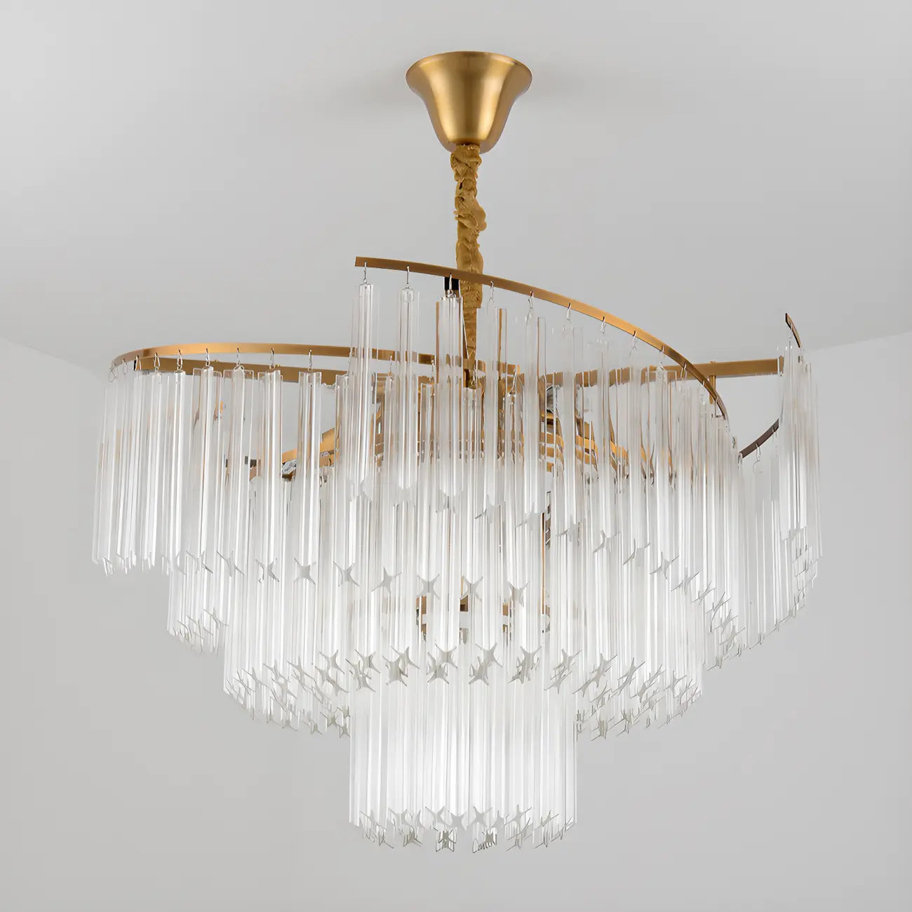 Lustre moderne à plusieurs niveaux, rond, en cristal doré et à hauteur réglable