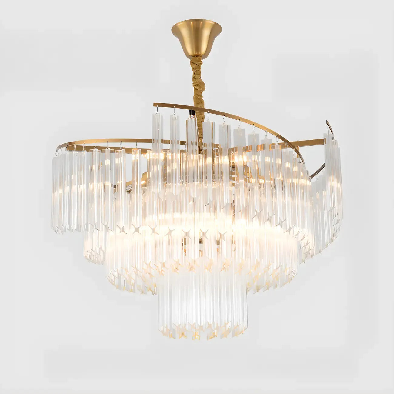 Lustre moderne à plusieurs niveaux, rond, en cristal doré et à hauteur réglable