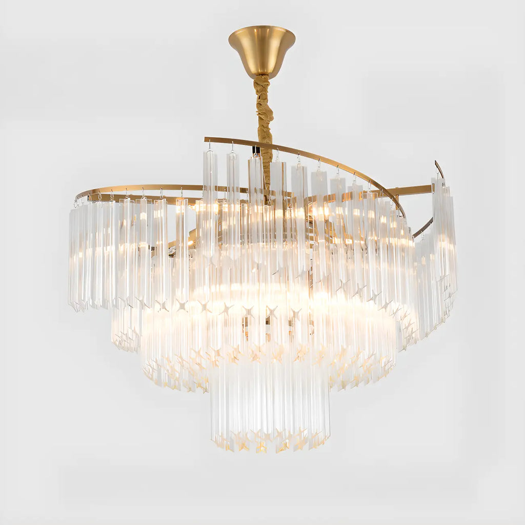 Lustre moderne à plusieurs niveaux, rond, en cristal doré et à hauteur réglable