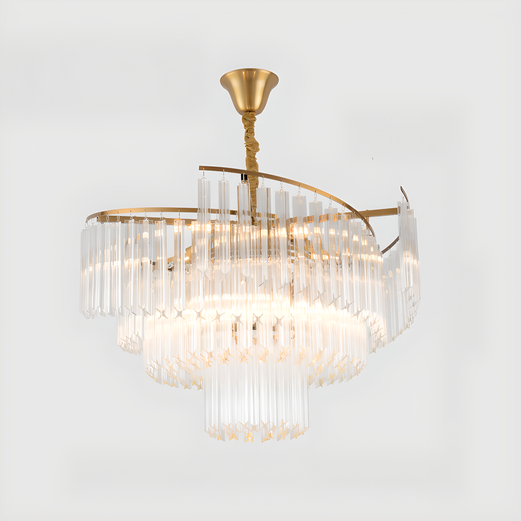 Lustre moderne à plusieurs niveaux, rond, en cristal doré et à hauteur réglable