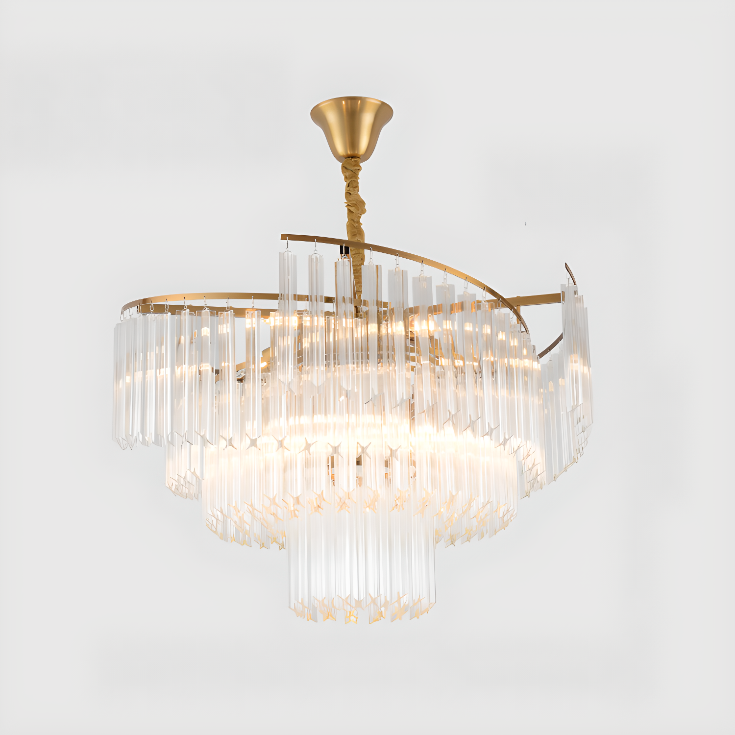 Lustre moderne à plusieurs niveaux, rond, en cristal doré et à hauteur réglable