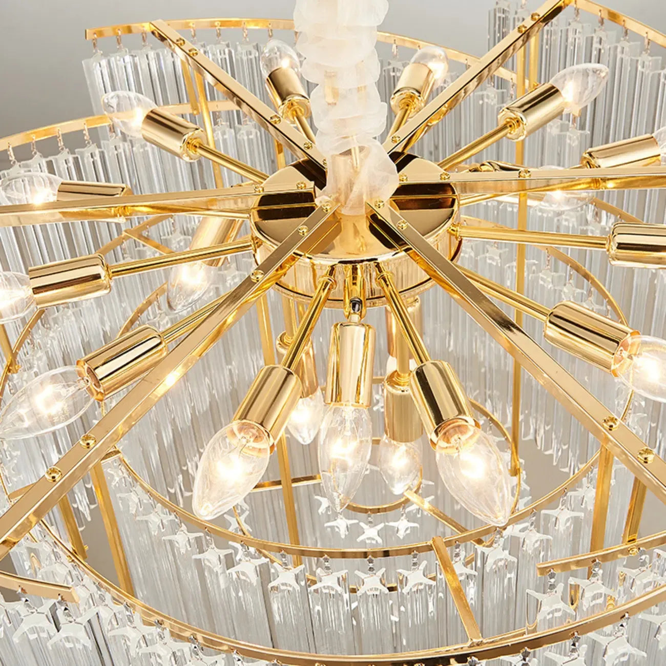 Lustre moderne à plusieurs niveaux, rond, en cristal doré et à hauteur réglable
