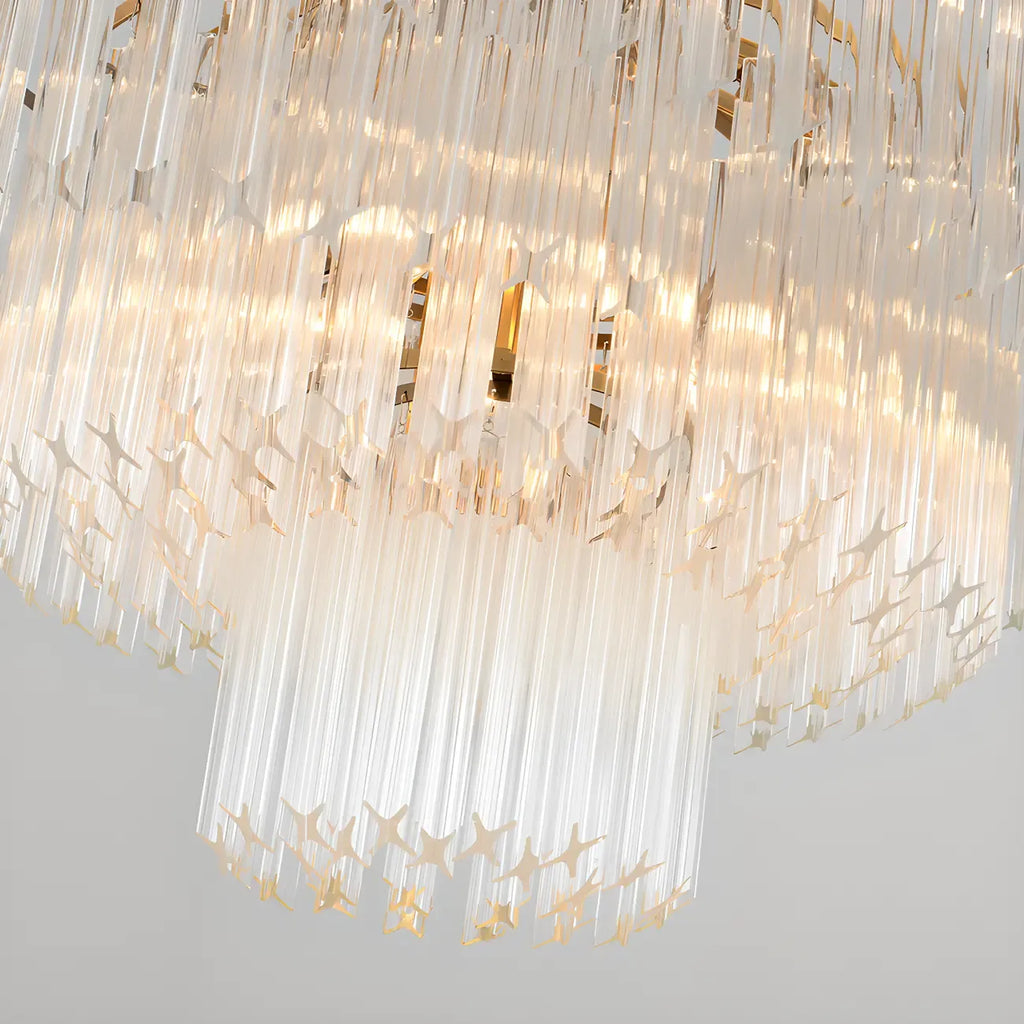 Lustre moderne à plusieurs niveaux, rond, en cristal doré et à hauteur réglable