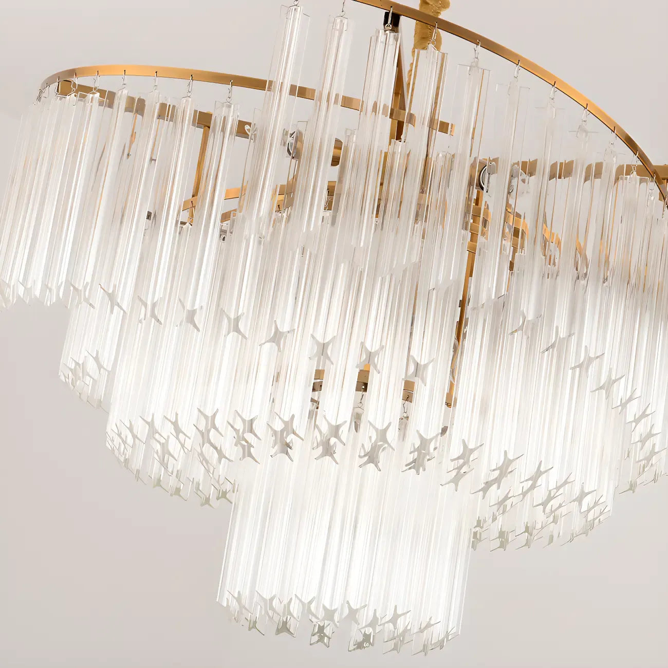 Lustre moderne à plusieurs niveaux, rond, en cristal doré et à hauteur réglable