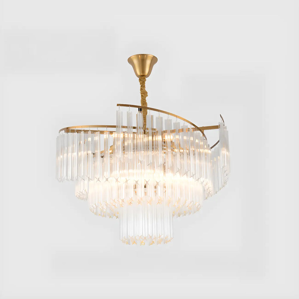 Lustre moderne à plusieurs niveaux, rond, en cristal doré et à hauteur réglable