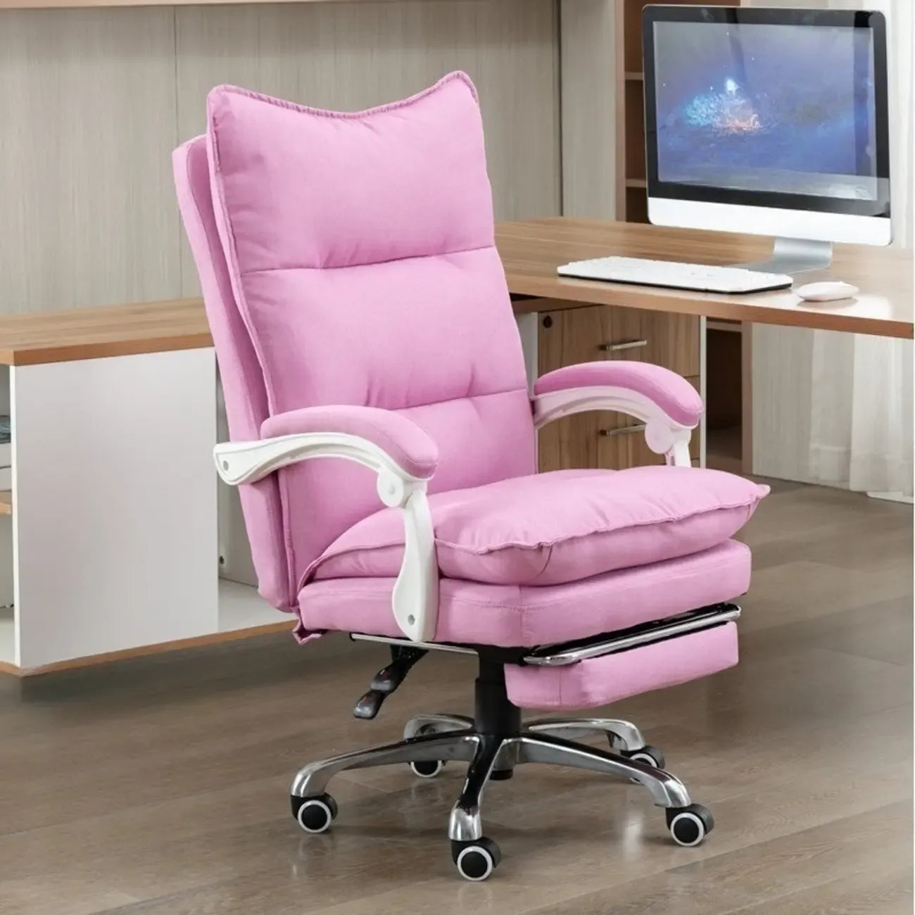 Chaise de bureau moderne en tissu gris avec repose-pieds