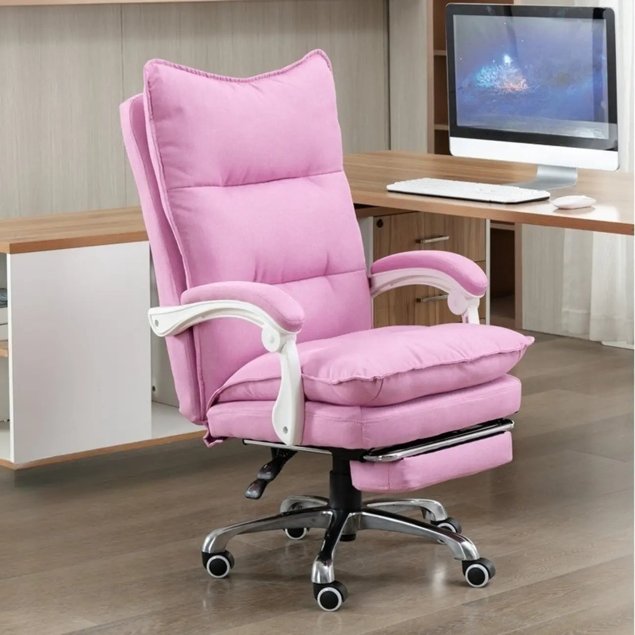 Chaise de bureau moderne en tissu gris avec repose-pieds