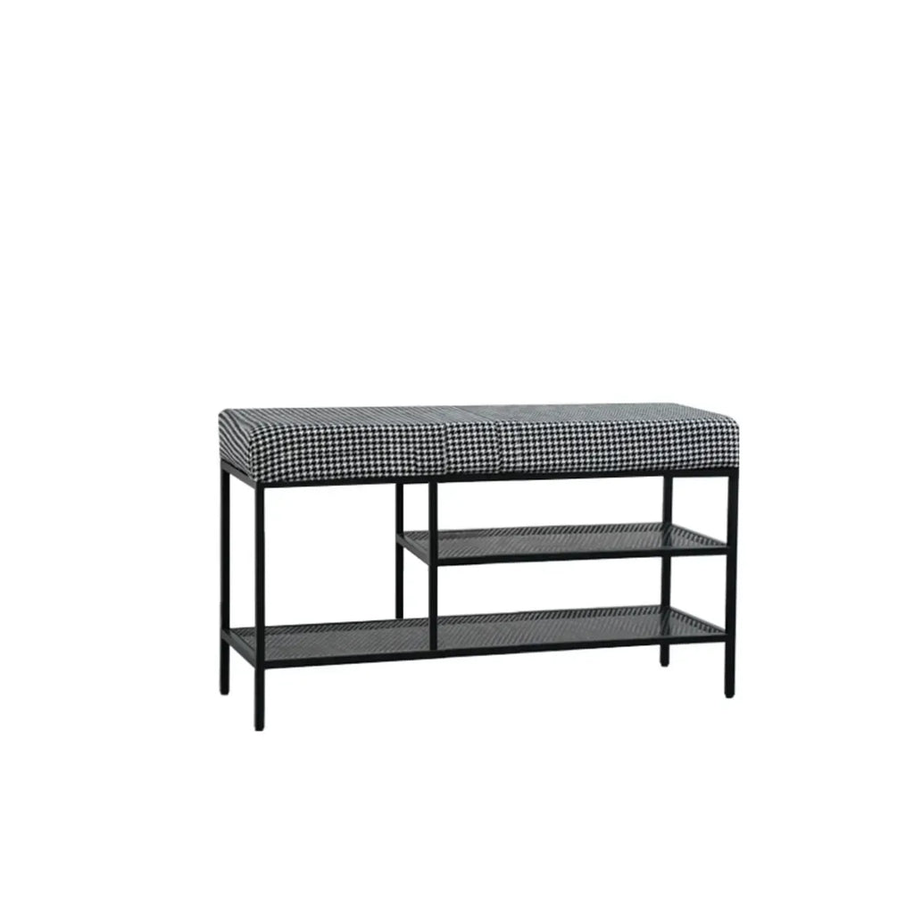 Banc d'entrée en métal avec rangement à chaussures et assise rembourrée