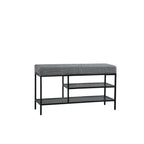 Banc d'entrée en métal avec rangement à chaussures et assise rembourrée