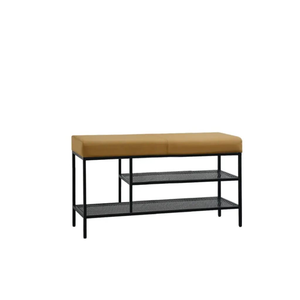 Banc d'entrée en métal avec rangement à chaussures et assise rembourrée