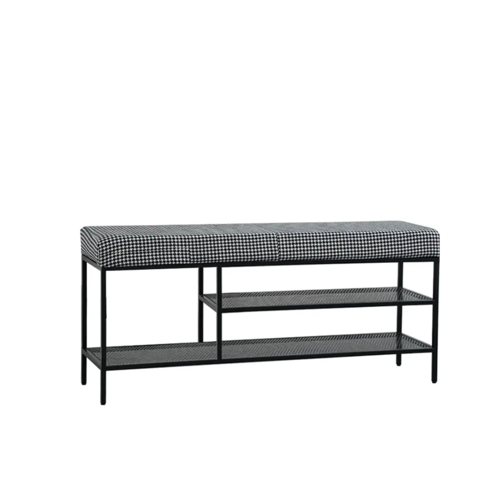 Banc d'entrée en métal avec rangement à chaussures et assise rembourrée