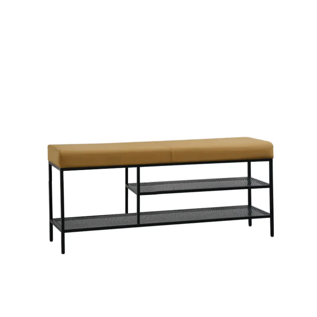 Banc d'entrée en métal avec rangement à chaussures et assise rembourrée