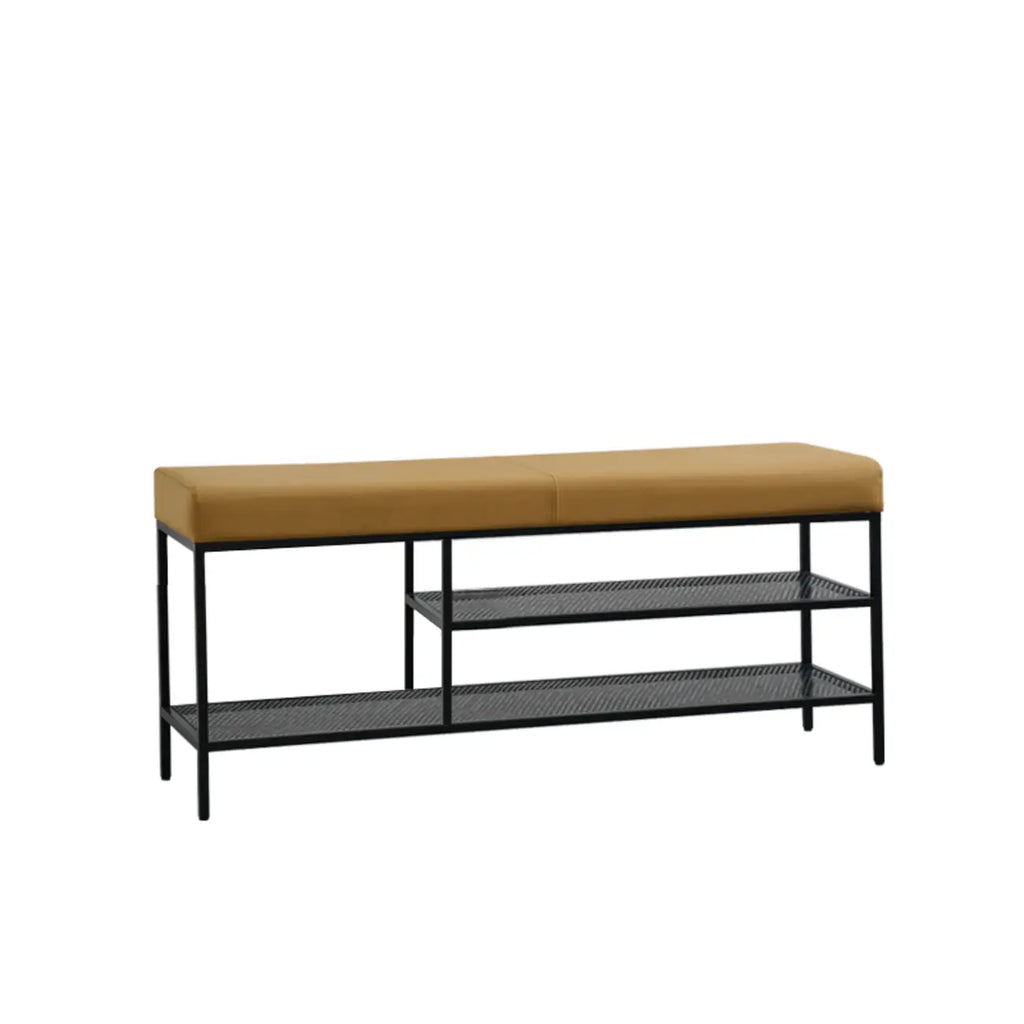 Banc d'entrée en métal avec rangement à chaussures et assise rembourrée