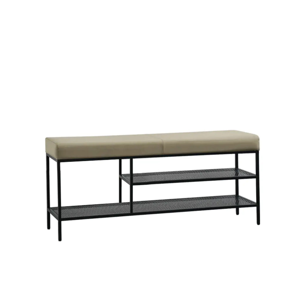 Banc d'entrée en métal avec rangement à chaussures et assise rembourrée