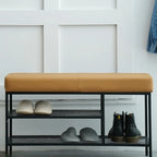 Banc d'entrée en métal avec rangement à chaussures et assise rembourrée