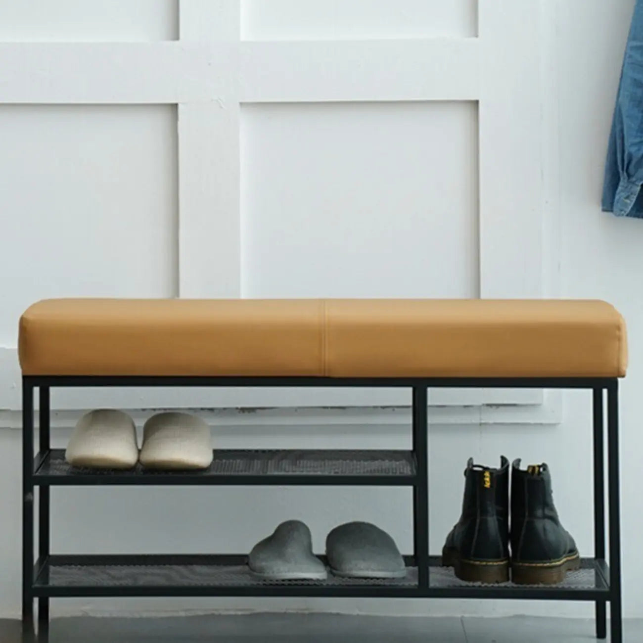 Banc d'entrée en métal avec rangement à chaussures et assise rembourrée