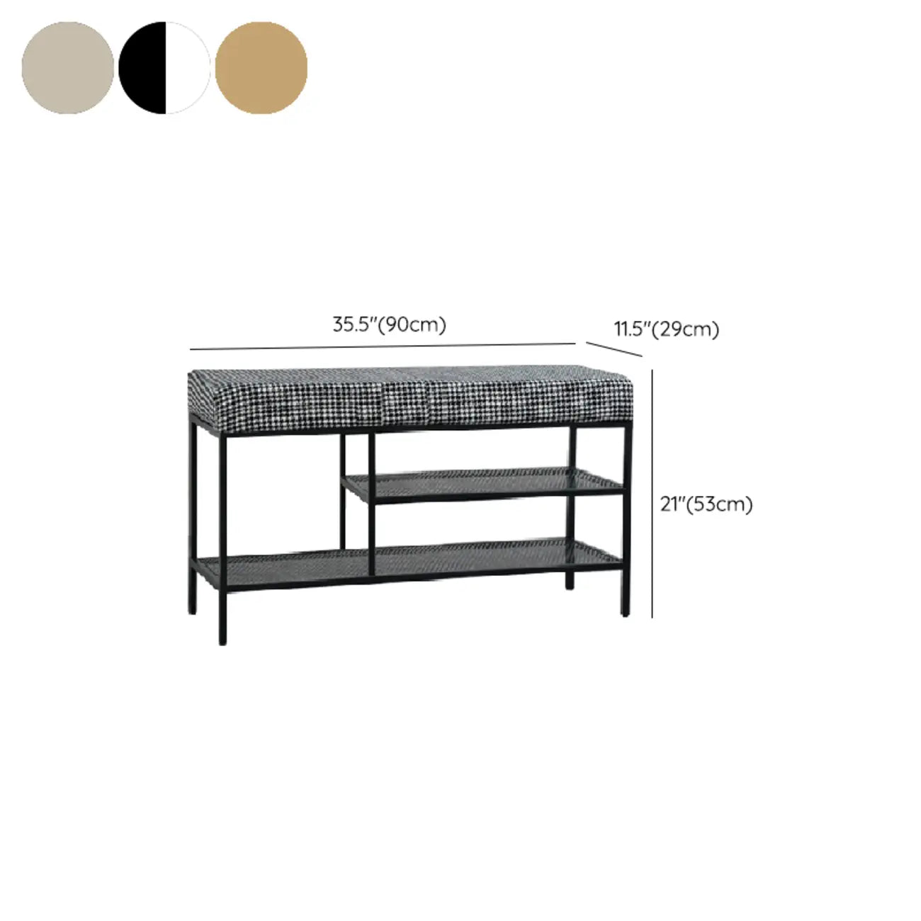 Banc d'entrée en métal avec rangement à chaussures et assise rembourrée