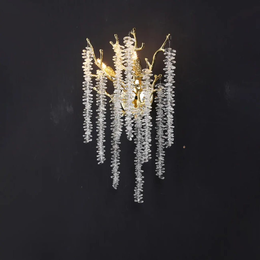 Applique murale de luxe en métal doré et cristal en forme de branche