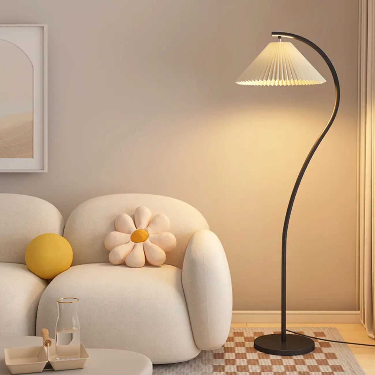 Lampadaire moderne en tissu plissé blanc et métal 61