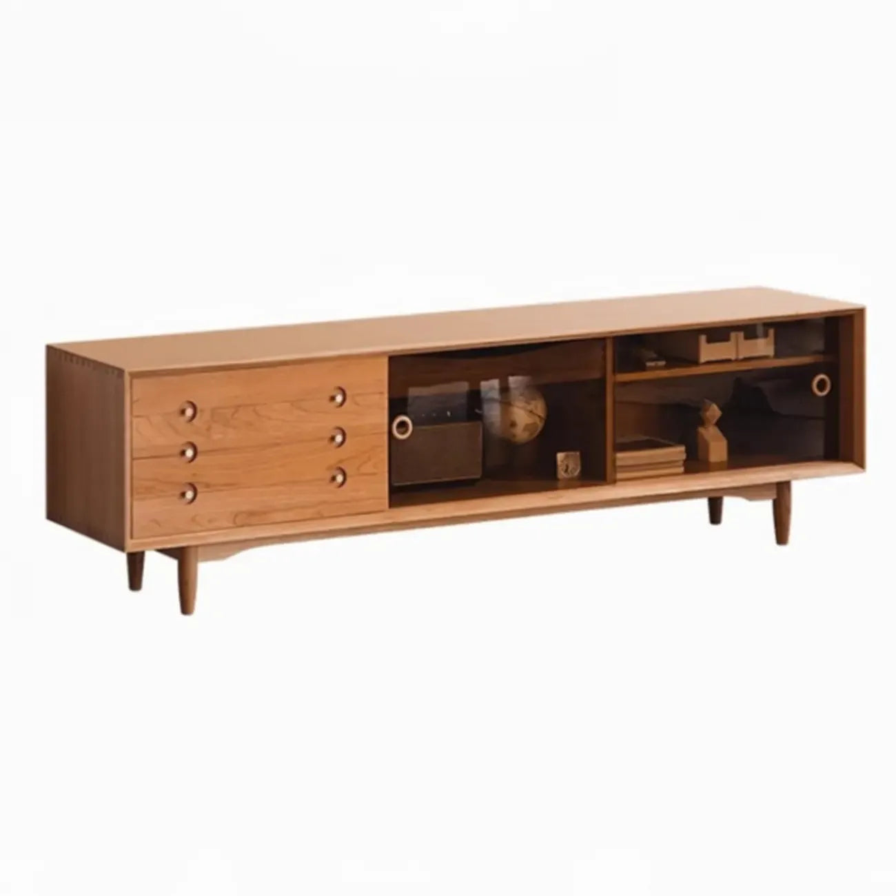 Meuble TV long scandinave en bois de cerisier avec porte