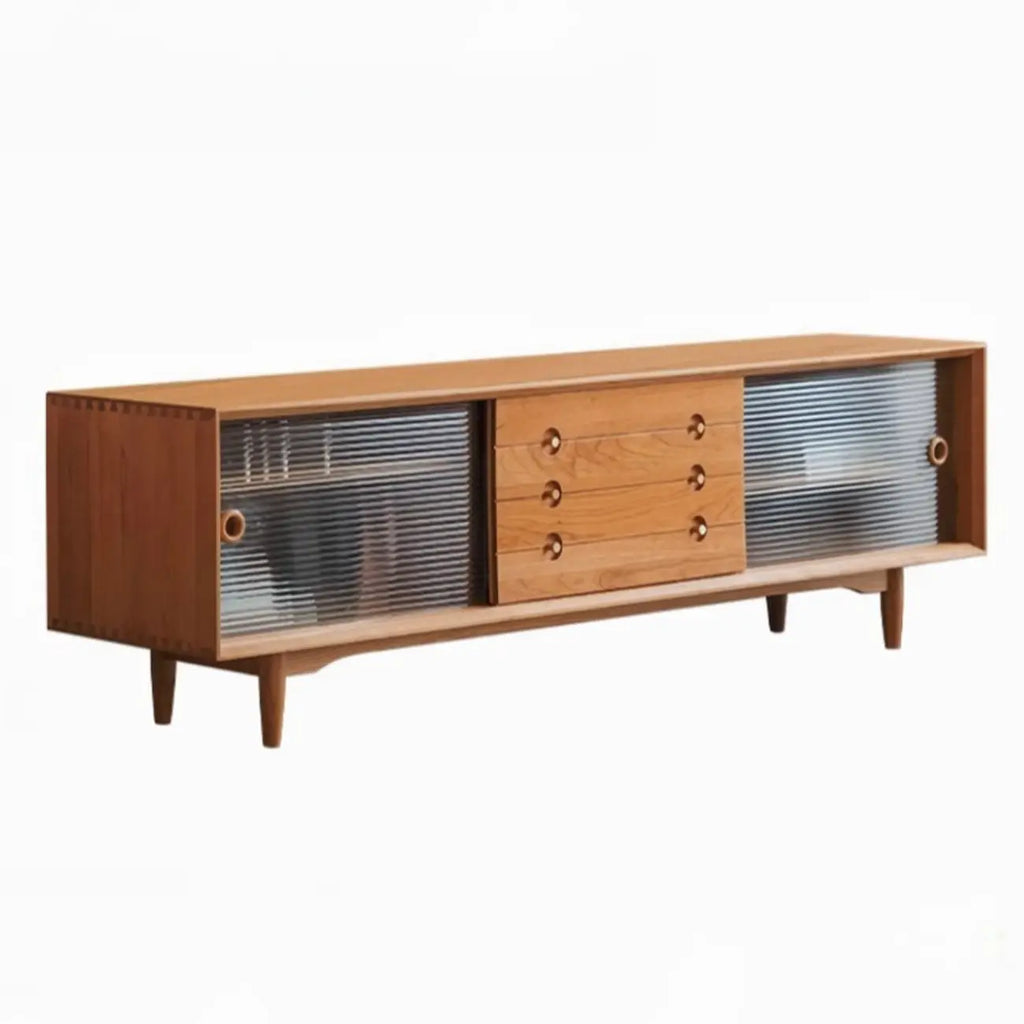 Meuble TV long scandinave en bois de cerisier avec porte