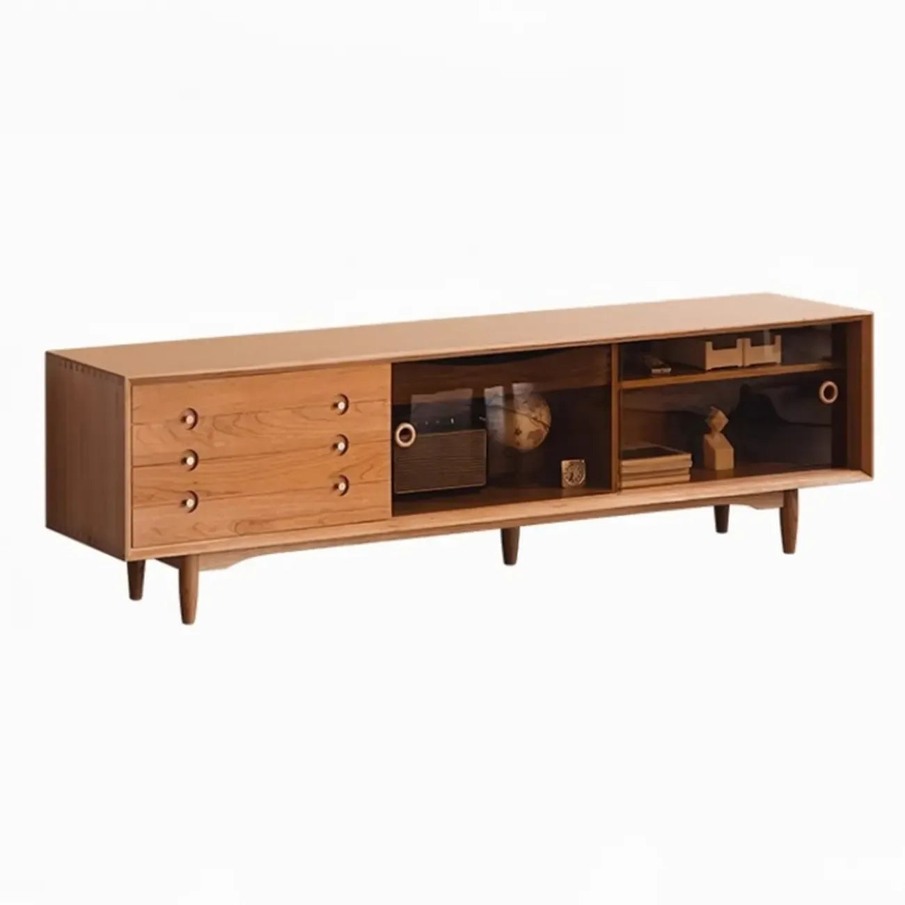 Meuble TV long scandinave en bois de cerisier avec porte