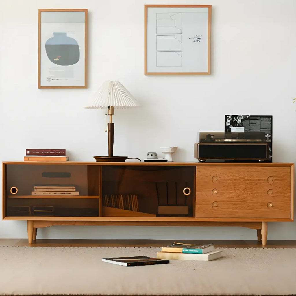 Meuble TV long scandinave en bois de cerisier avec porte