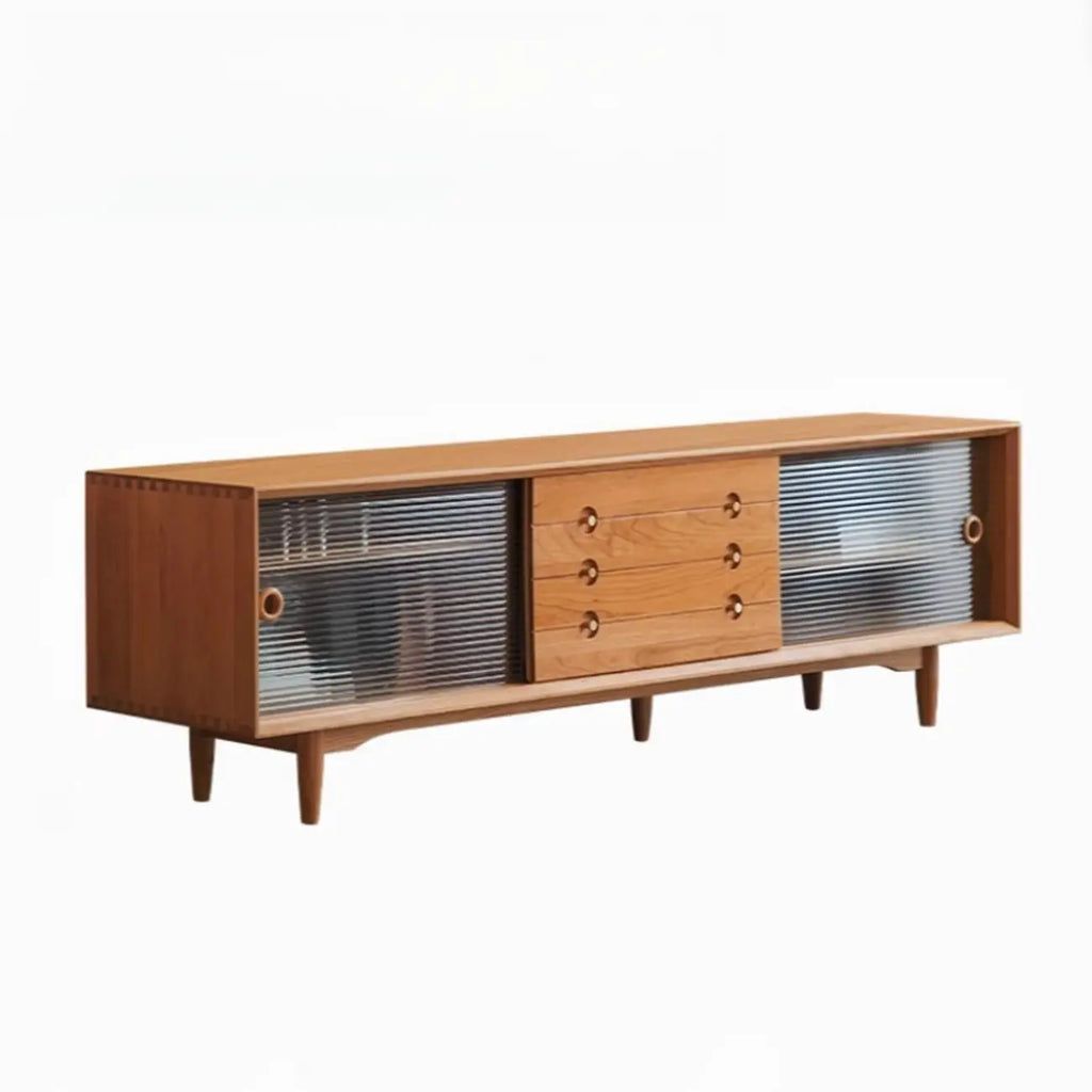 Meuble TV long scandinave en bois de cerisier avec porte