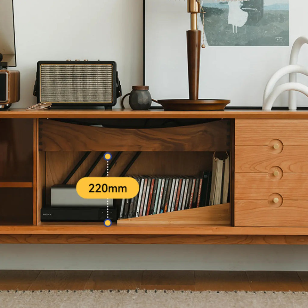 Meuble TV long scandinave en bois de cerisier avec porte