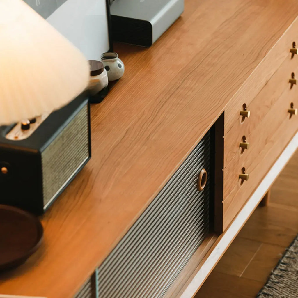 Meuble TV long scandinave en bois de cerisier avec porte