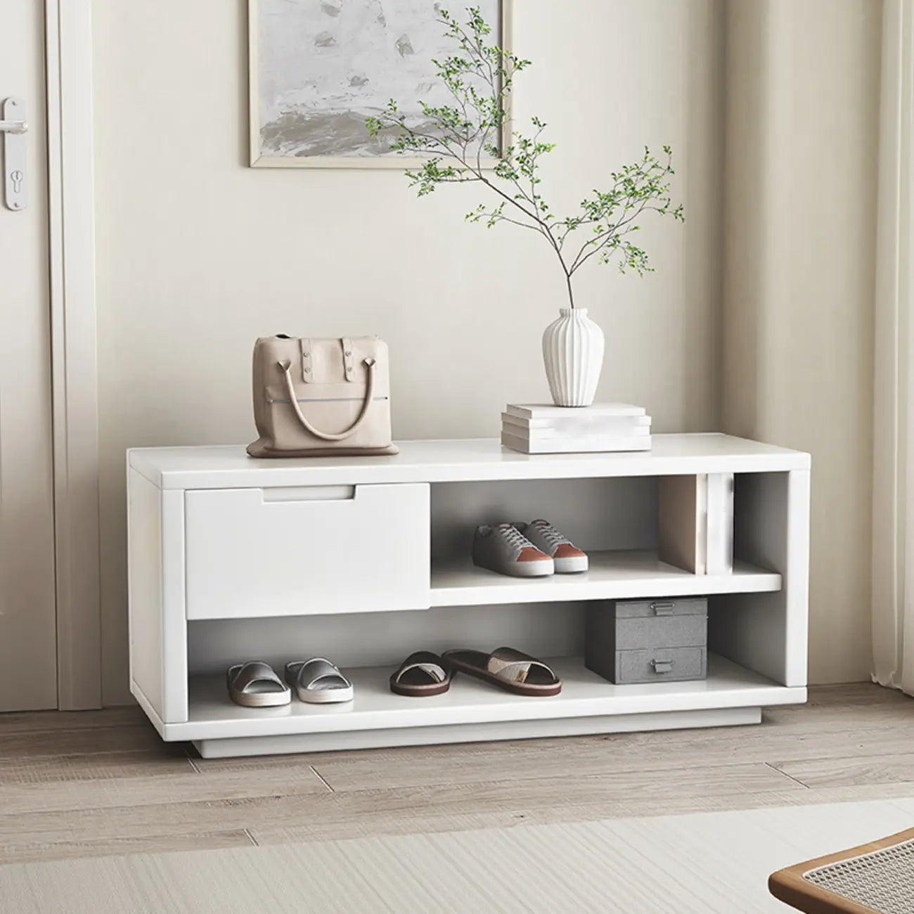 Banc de rangement à chaussures Singer en bois d'hévéa avec tiroirs pour entrée