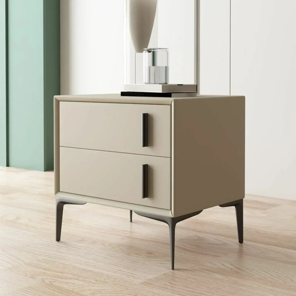 Table de chevet moderne en bois et similicuir abricot à 2 tiroirs