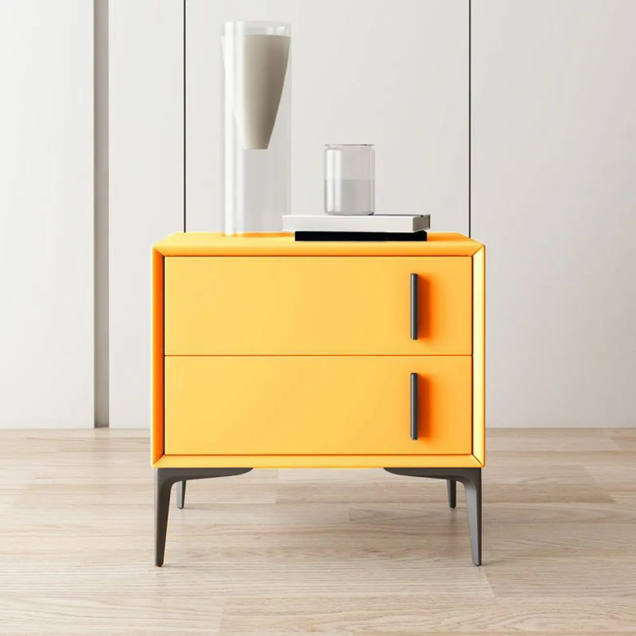 Table de chevet moderne en bois et similicuir abricot à 2 tiroirs