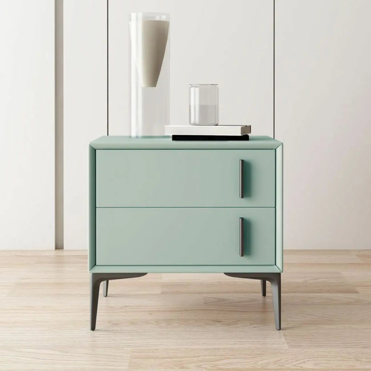 Table de chevet moderne en bois et similicuir abricot à 2 tiroirs