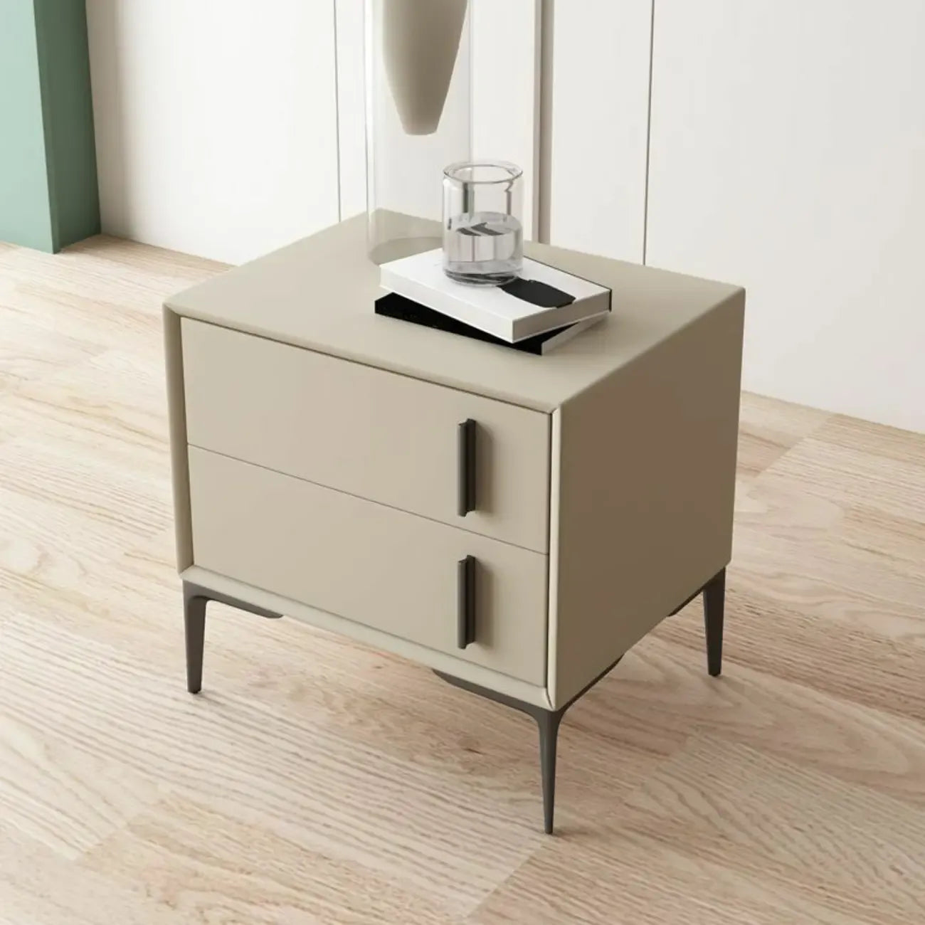 Table de chevet moderne en bois et similicuir abricot à 2 tiroirs