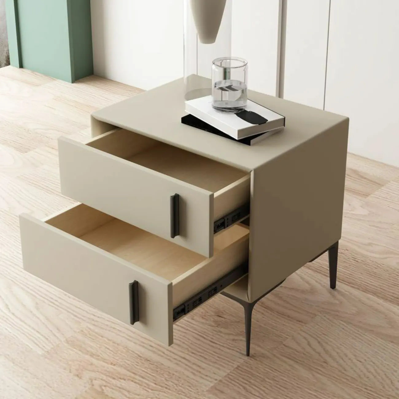Table de chevet moderne en bois et similicuir abricot à 2 tiroirs