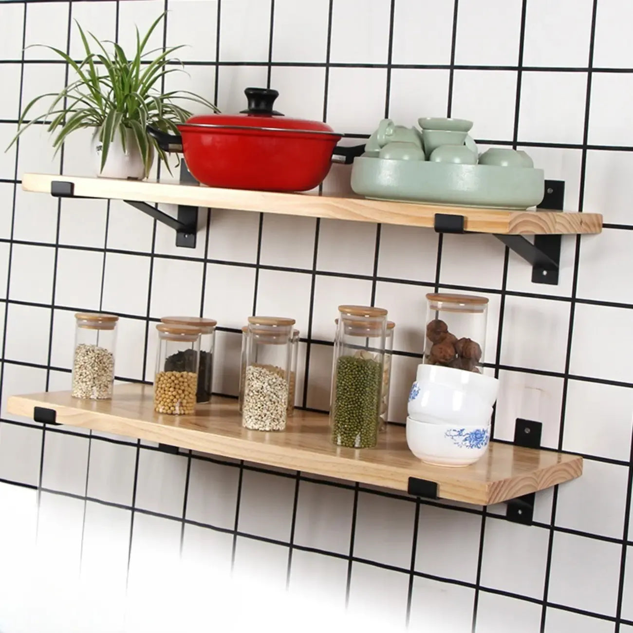 Étagères de rangement murales en pin naturel pour la cuisine