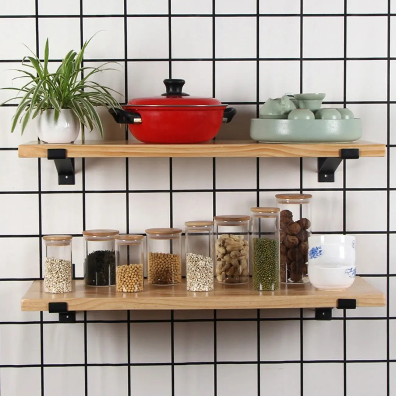 Étagères de rangement murales en pin naturel pour la cuisine