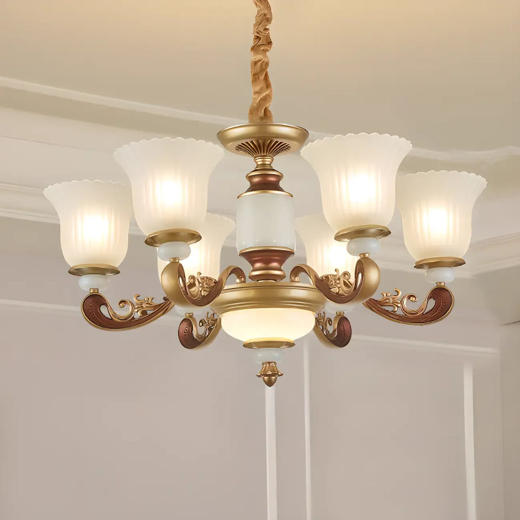 Lampadario regolabile da sala da pranzo dorato in vetro a forma di campana con luce orientata verso l'alto