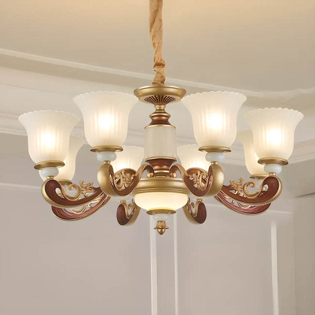 Lampadario regolabile da sala da pranzo dorato in vetro a forma di campana con luce orientata verso l'alto