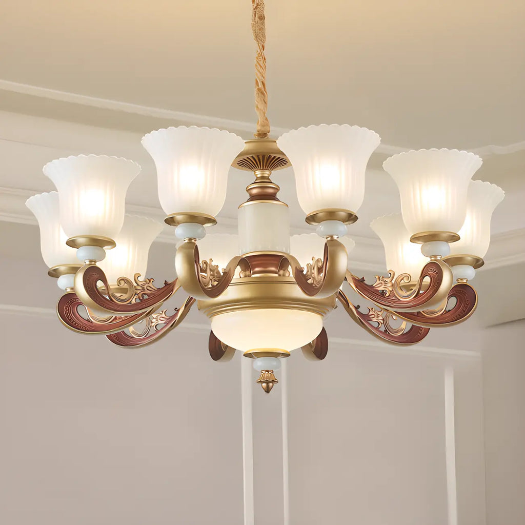 Lampadario regolabile da sala da pranzo dorato in vetro a forma di campana con luce orientata verso l'alto