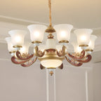 Lampadario regolabile da sala da pranzo dorato in vetro a forma di campana con luce orientata verso l'alto