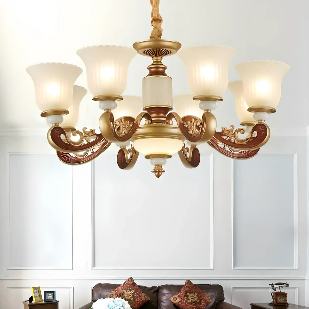 Lampadario regolabile da sala da pranzo dorato in vetro a forma di campana con luce orientata verso l'alto