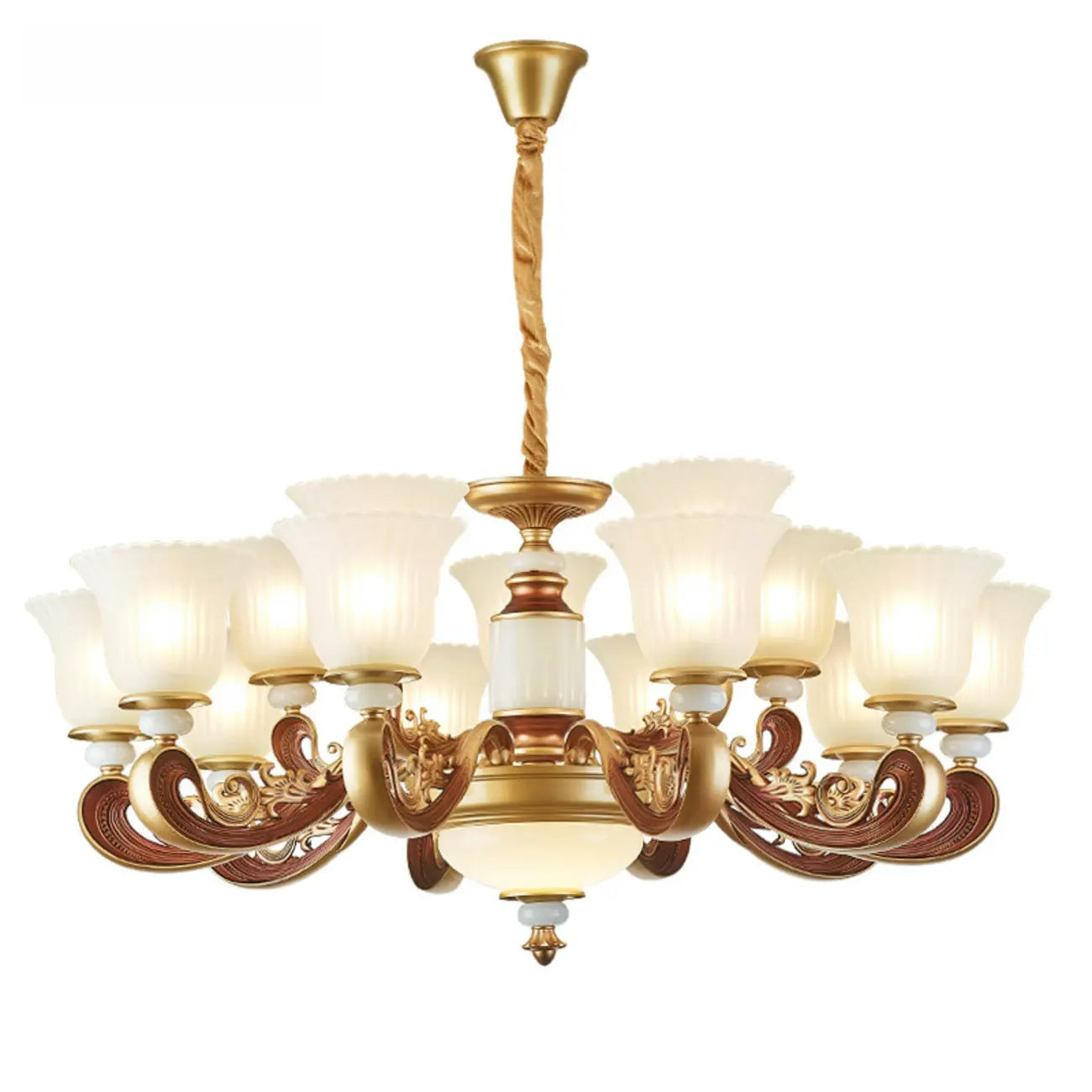 Lampadario regolabile da sala da pranzo dorato in vetro a forma di campana con luce orientata verso l'alto