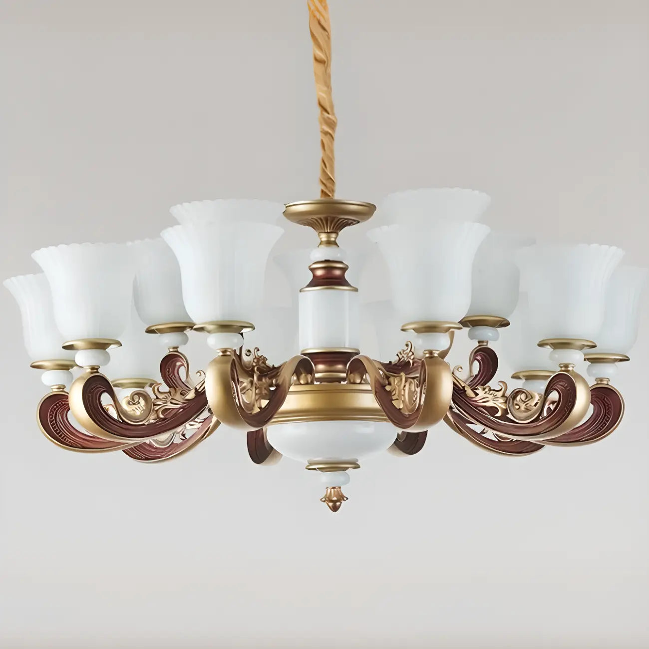 Lampadario regolabile da sala da pranzo dorato in vetro a forma di campana con luce orientata verso l'alto