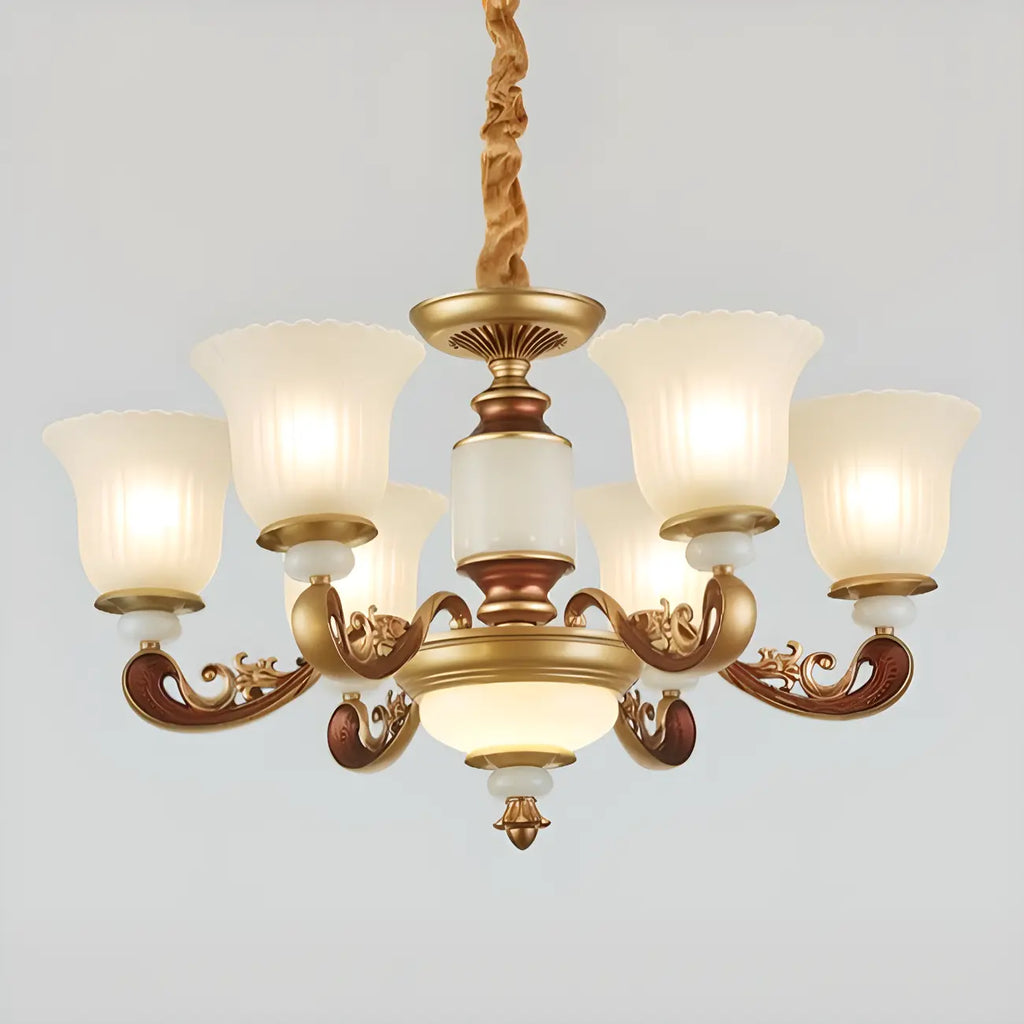 Lampadario regolabile da sala da pranzo dorato in vetro a forma di campana con luce orientata verso l'alto